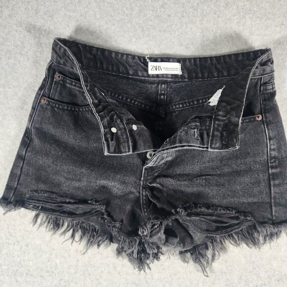 Zara Washed Black Distressed Mid Rise Button Fly Denim Shorts Size 4 - Picture 3 of 8